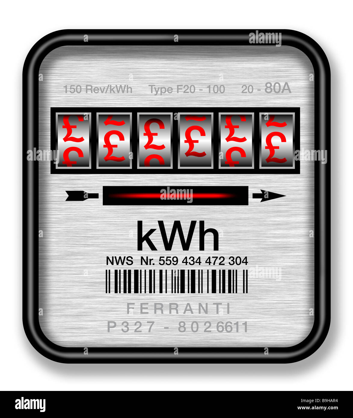 Sign For Meter Electricity meter with £ pound signs on white background Stock Photo ...