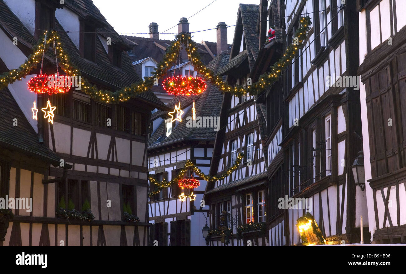 France Alsace Strasbourg Old Town tanner-quarter ''la petite france' Christmas-decoration evening 'la petite france'' evening Stock Photo