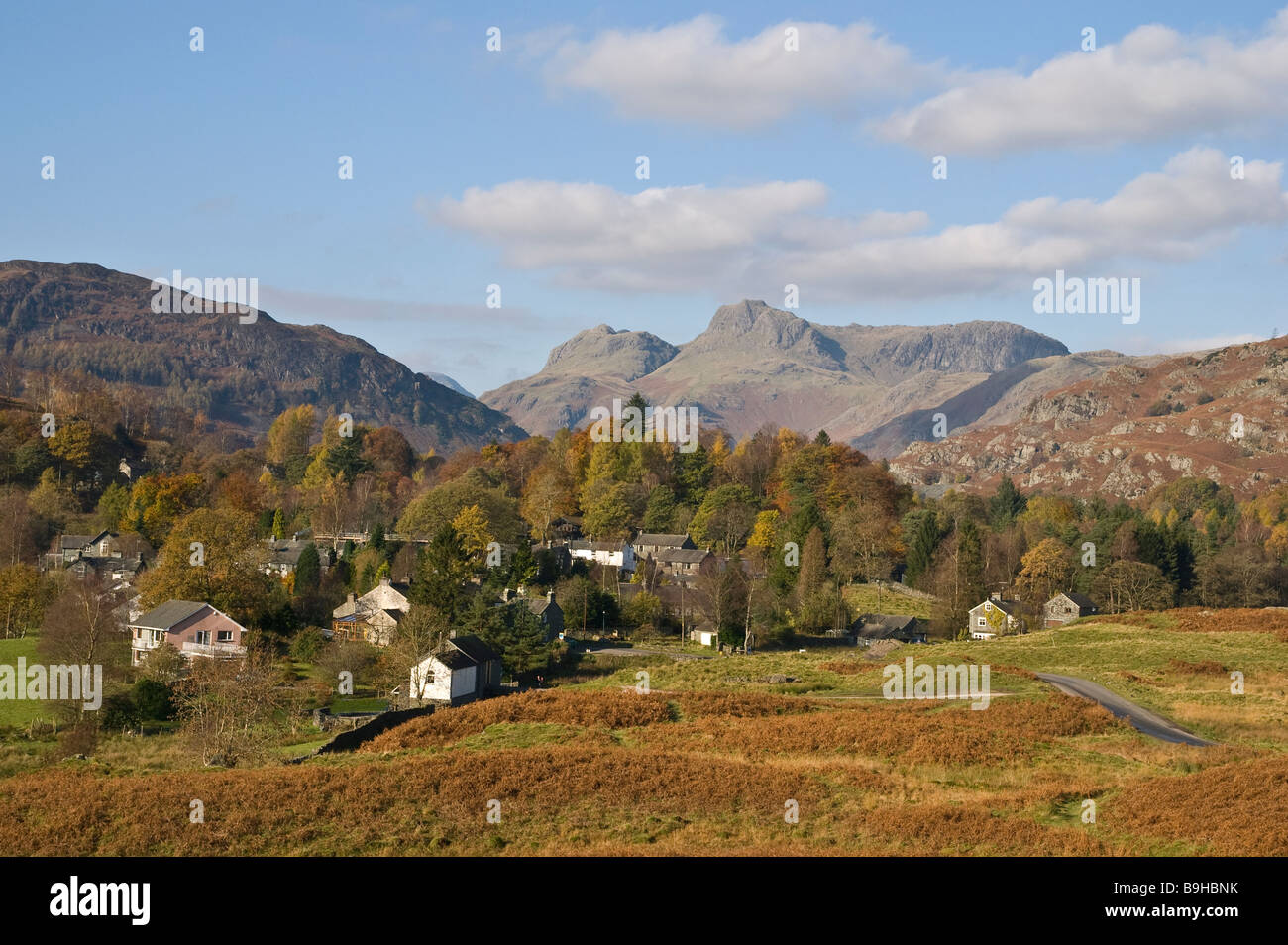 Elterwater village and the Langdales in autumn Lake District Cumbria UK ...