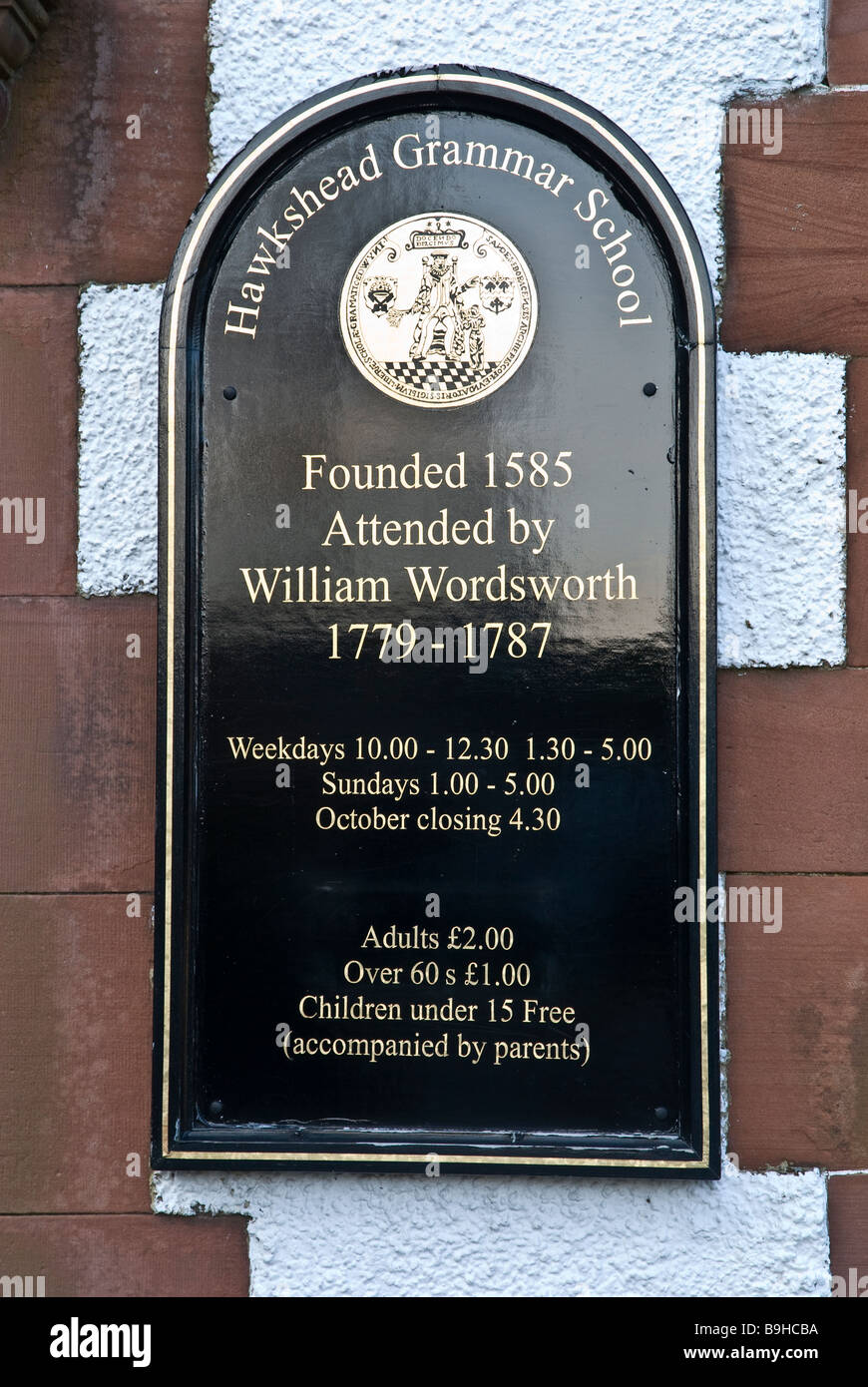 Plaque on Hawkshead grammar school Lake District Cumbria UK Stock Photo
