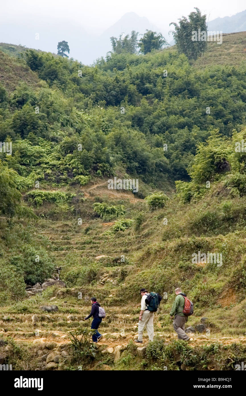 Trekkers near Sapa, Vietnam Stock Photo