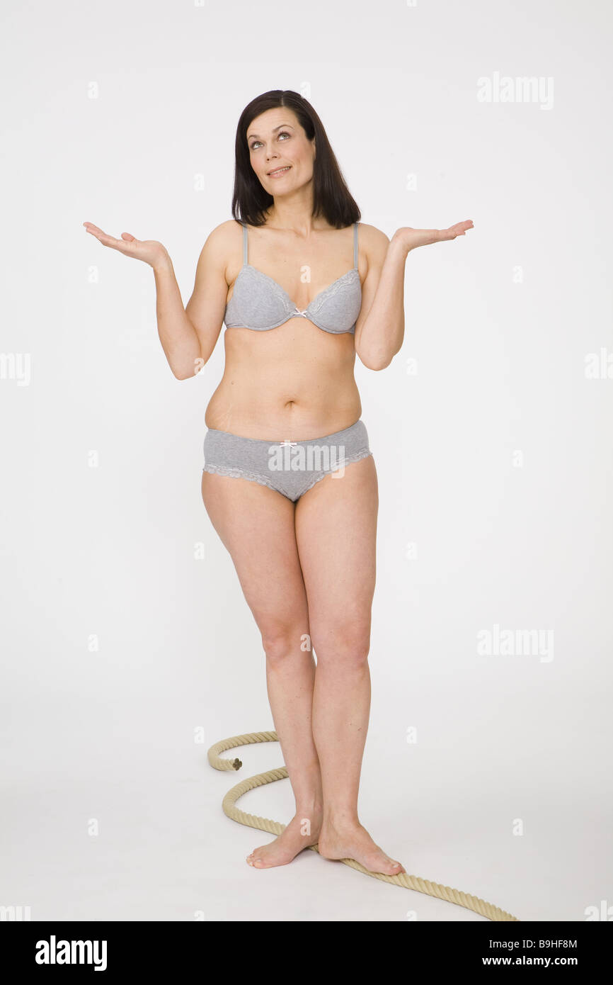 woman brunette underwear rope gesture standing balance series