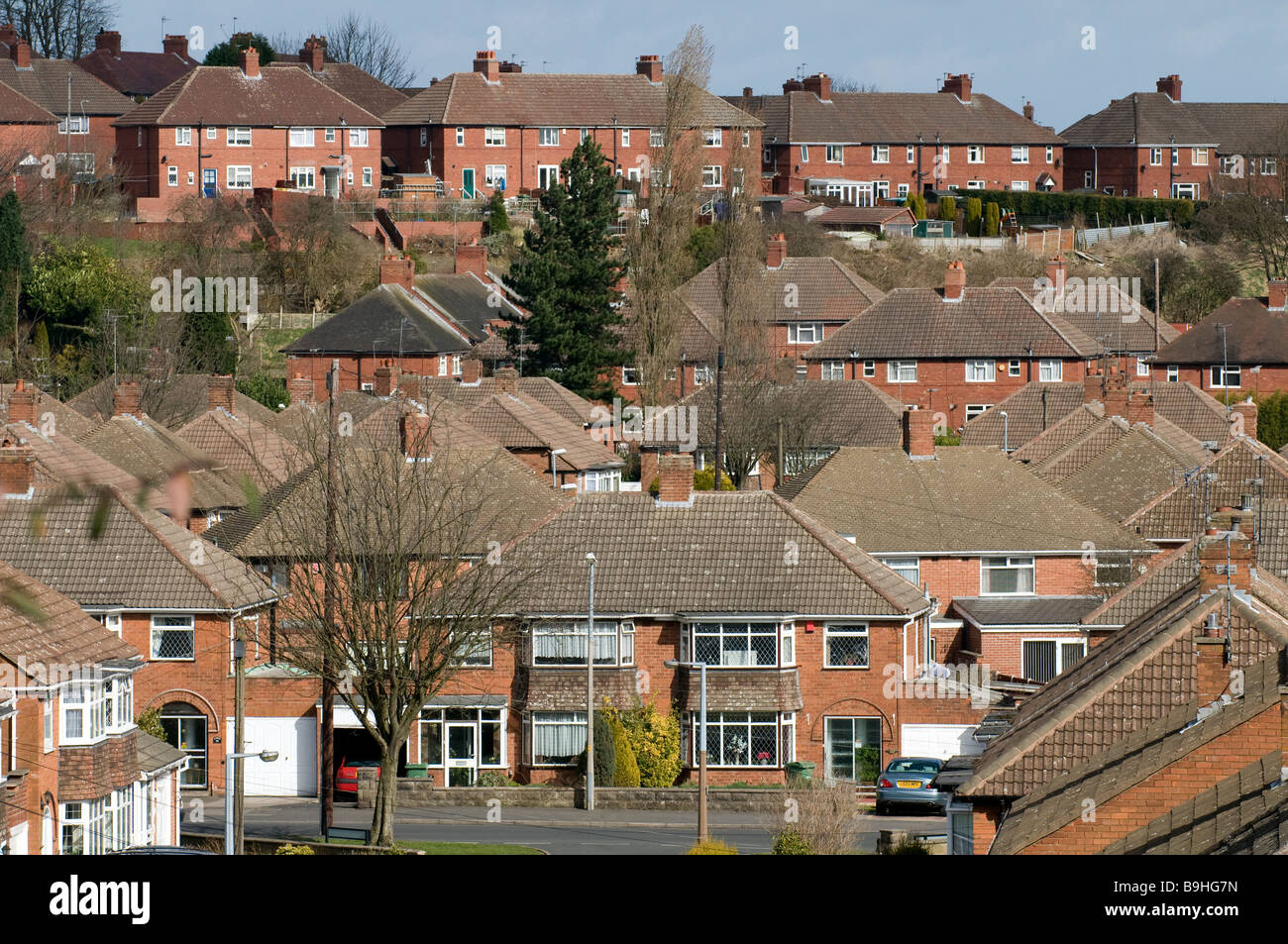 A view of suburban houses and rooftops in the West Midlands England UK