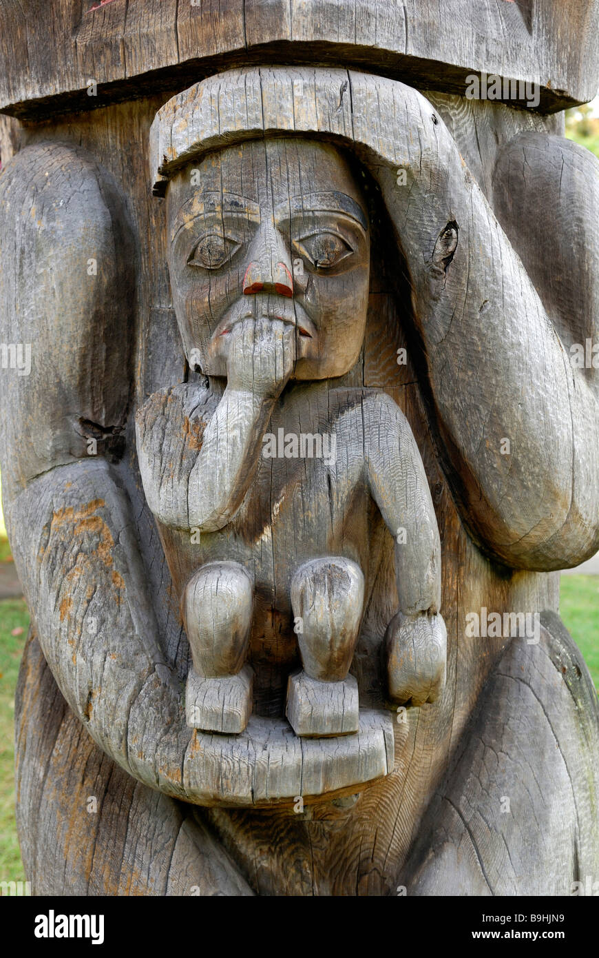 Indian totem pole, close-up, Royal BC Museum, Victoria, Vancouver Island, British Columbia, Canada, North America Stock Photo