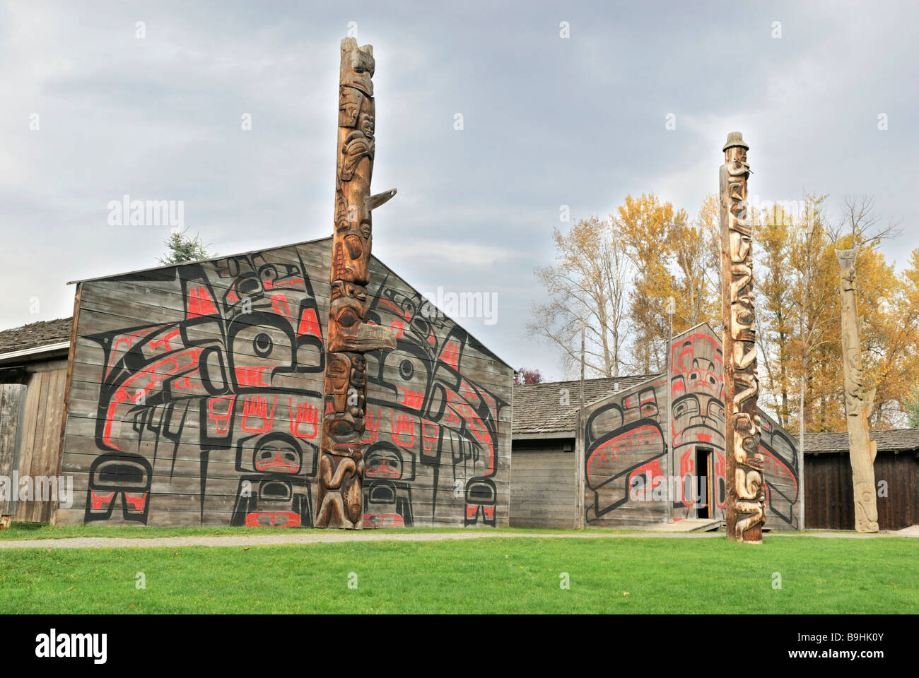 Native American naves and totem poles, museum village K'san, Hazelton, British Columbia, Canada, North America Stock Photo