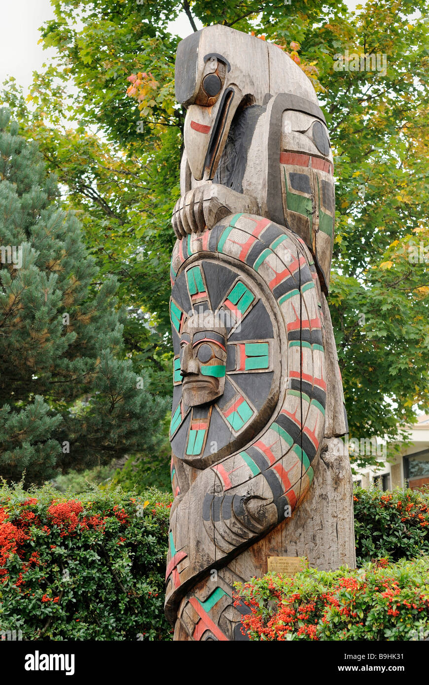 Totem pole of the Cowichan Tribe, Duncan, Vancouver Island, British Columbia, Canada, North America Stock Photo