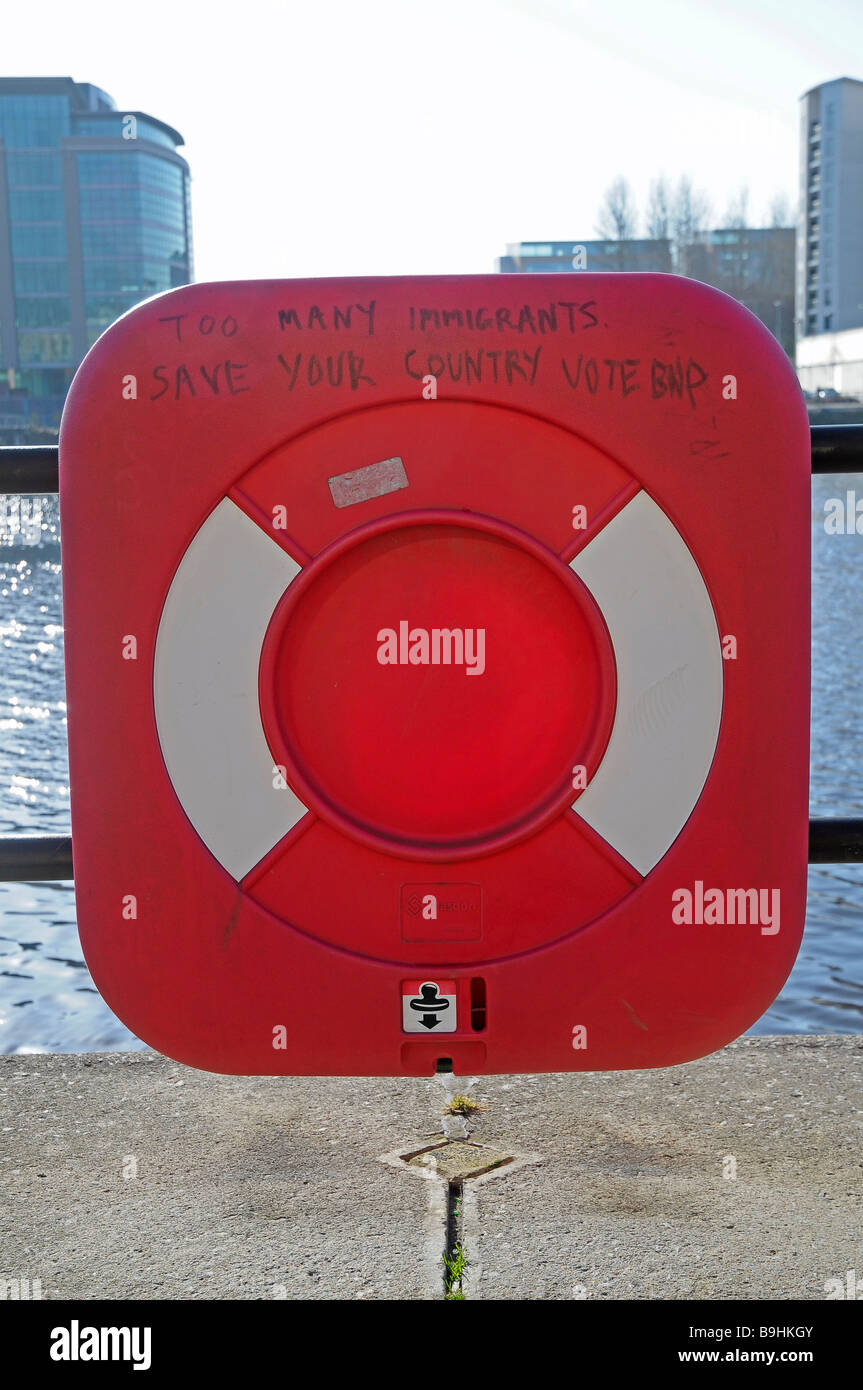 A piece of racist BNP graffiti written on some life saving equipment on the quayside of the river Tyne, Newcastle. Stock Photo