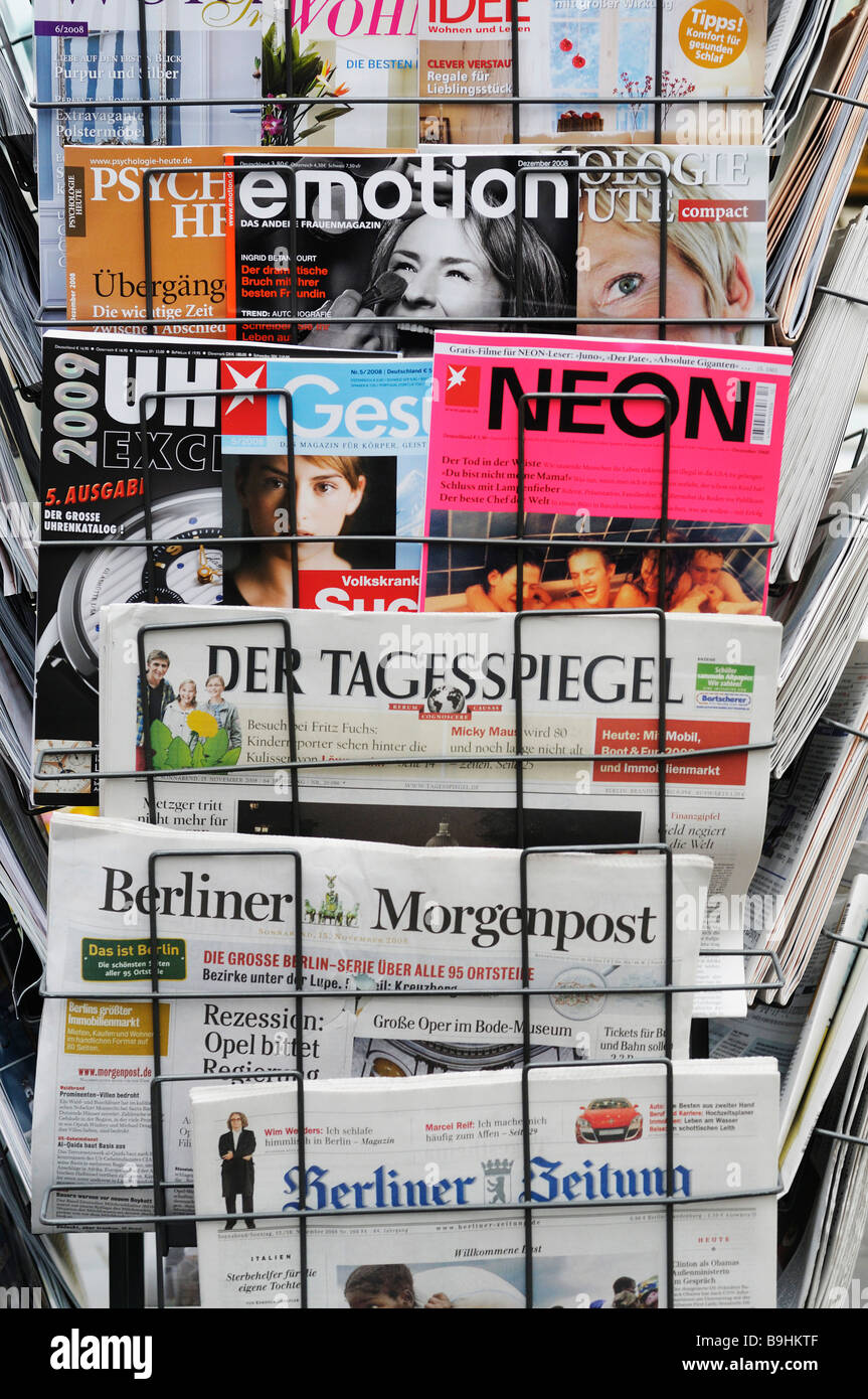 Newspaper rack, German magazines and newspapers Stock Photo