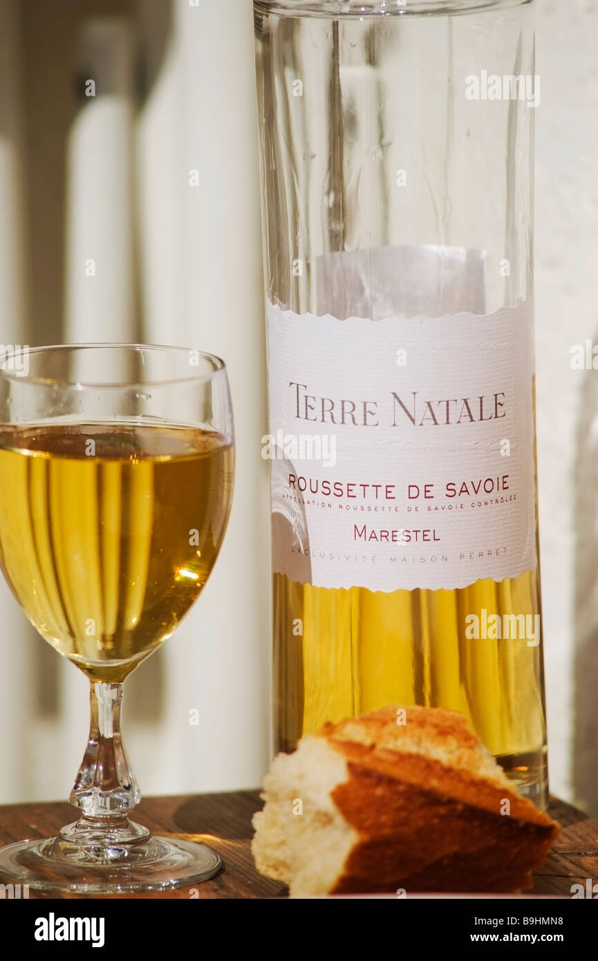 Roussette de Savoie Marestel wine bottle and glass of white wine with