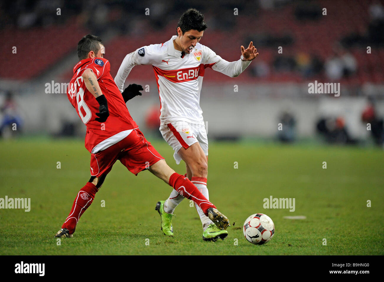 UEFA-Cup tackle, Ciprian MARICA VfB Stuttgart on the right, against Steven DEFOUR, Standard Luettich Stock Photo