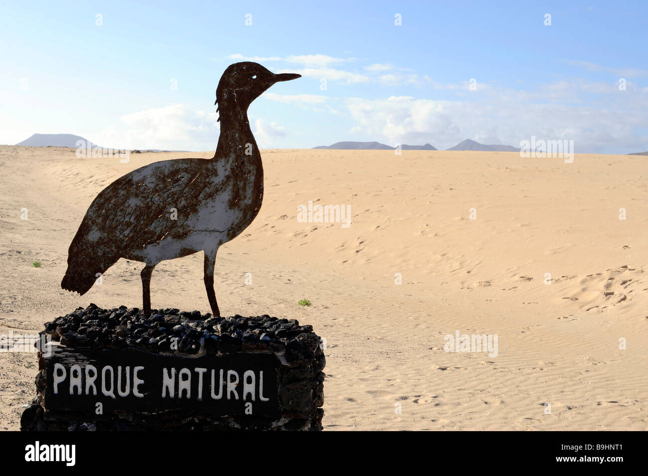 Entrance sign of Dunes Natural Park of Corralejo, Fuerteventura, Canary islands, Spain, Europe Stock Photo