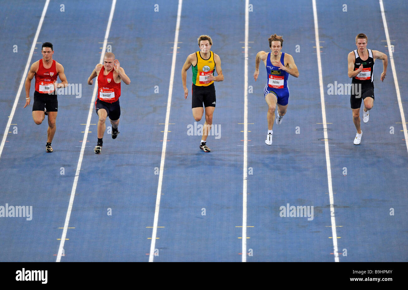 60 m sprint, men, from left: David Waibl GER, Klaus Neuendorf GER, Patrick Sihler GER, Till Helmke GER, Kai Florian Schwarz GER Stock Photo