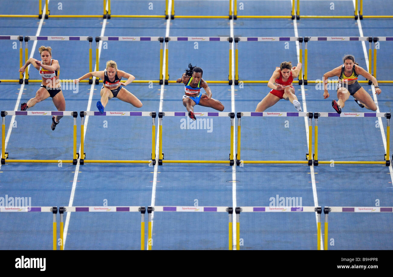 60 m hurdles, women, from left: Julia Ruediger GER, Derval O'Rourke IRL, Kellie Wells USA, Carolin Nytra GER, Olena Krasovska U Stock Photo
