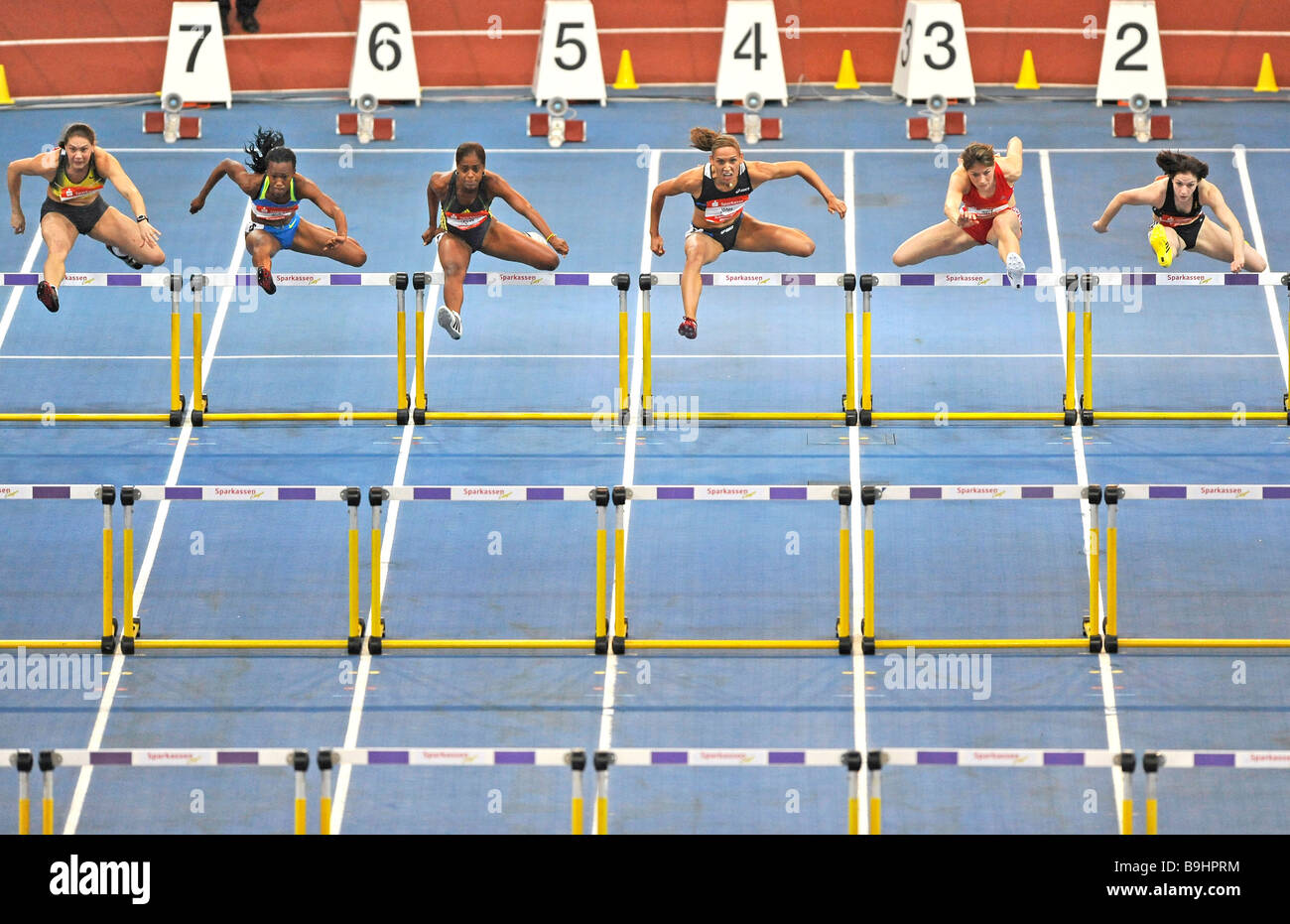 60 m hurdles, women, from left: Olena Krasovska UKR, Kellie Wells USA, Anay Tejeda CUB, Lolo Jones USA, Carolin Nytra GER, Nadi Stock Photo
