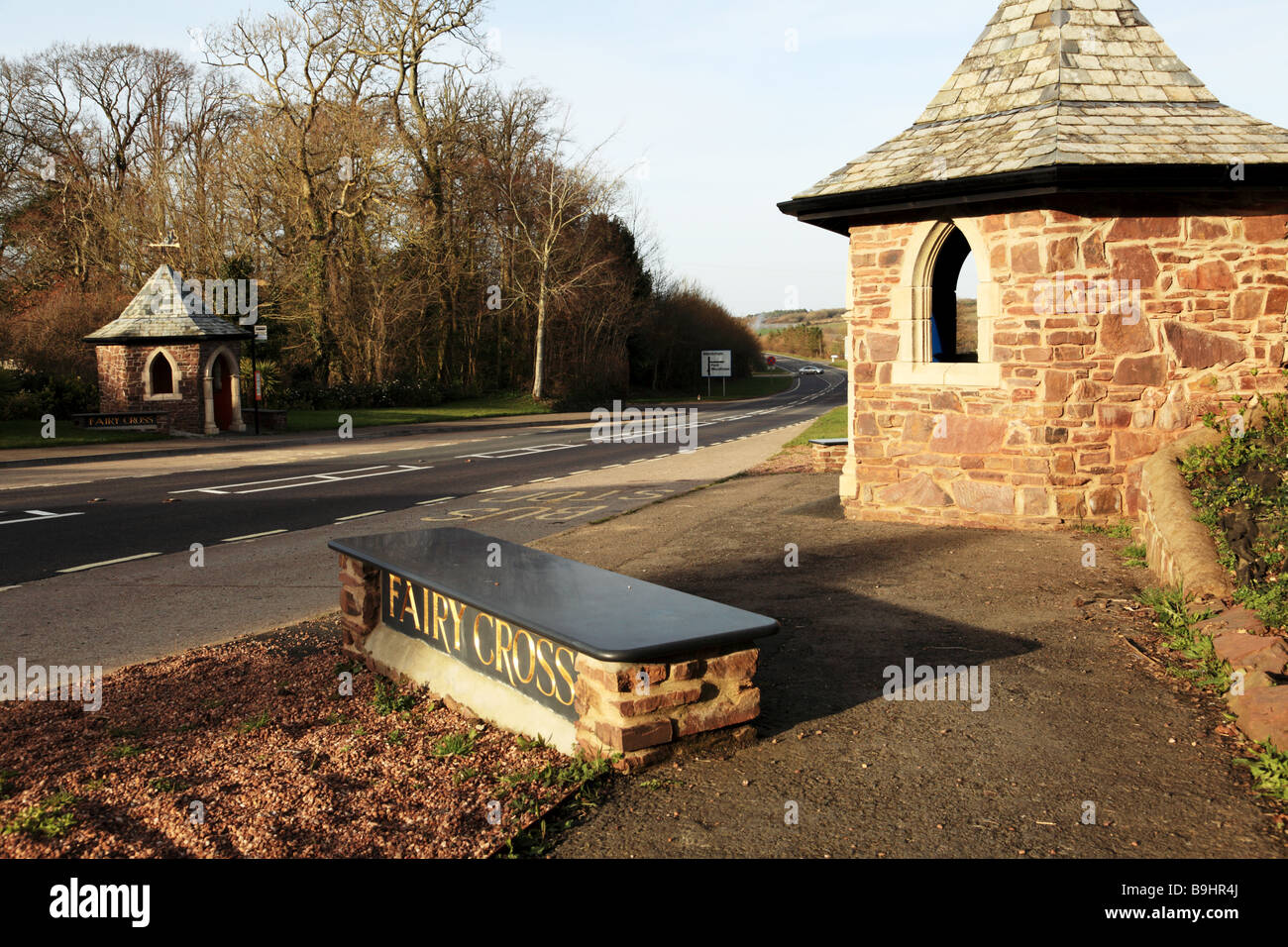 Two ornate bus stops on a main road at Fairy Cross,Devon Stock Photo