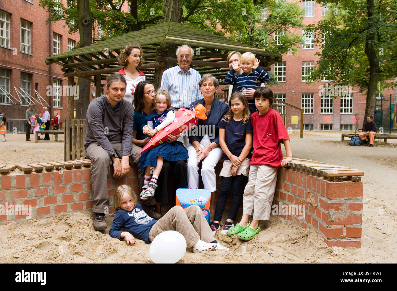 Family photo with three generations on the first day of school Stock Photo