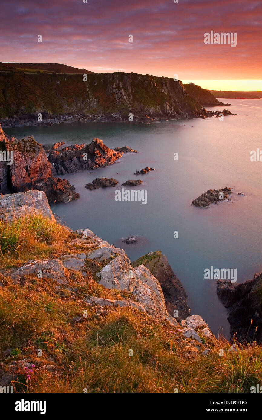 Fishguard Bay at sunset, Pembrokeshire Coast National Park, Wales, United Kingdom Stock Photo