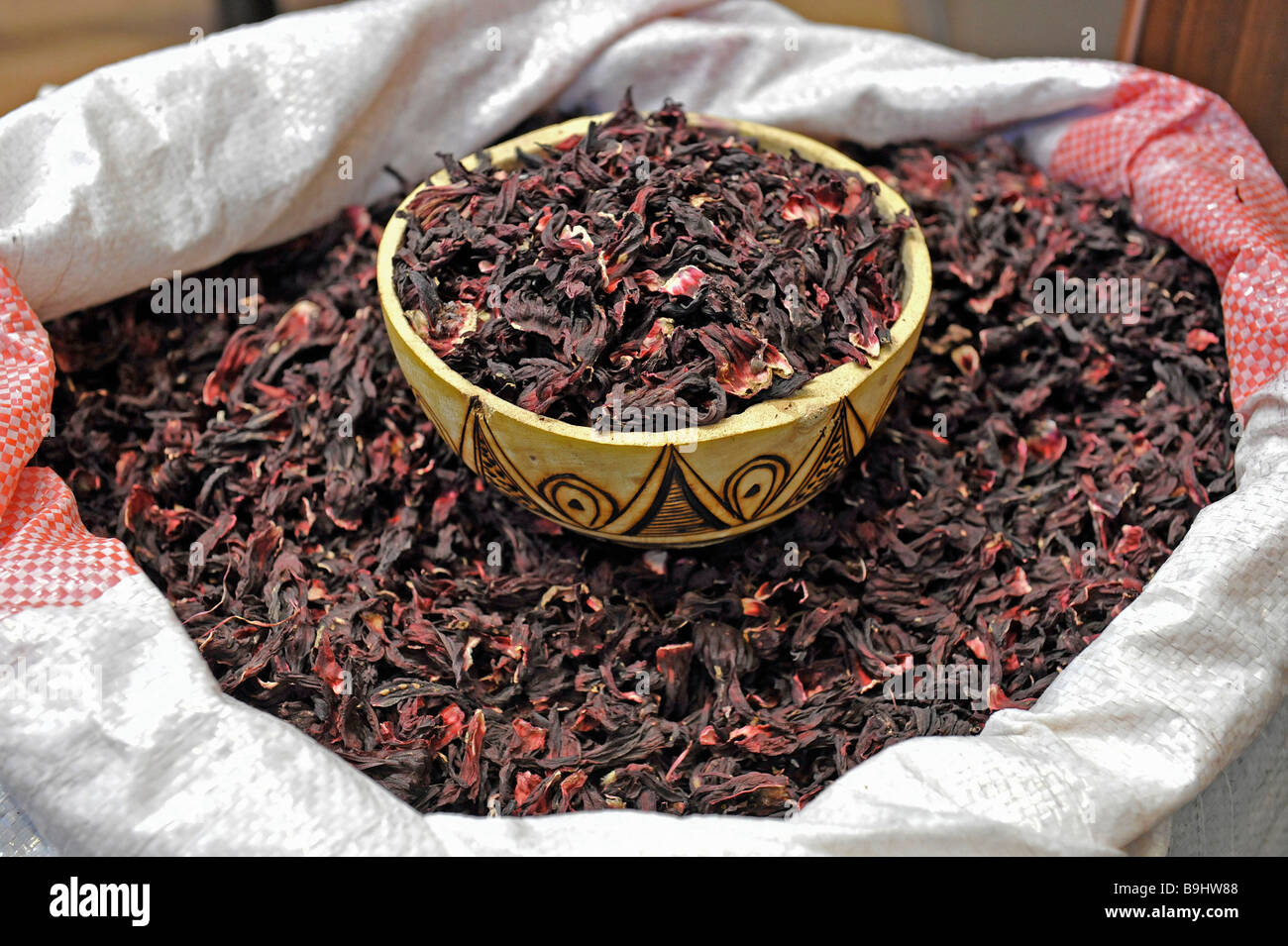 Hibiscus blossoms from Burkina Faso, for making tea, on the 'Gruene Woche' agricultural fair in Berlin, Germany, Europe Stock Photo