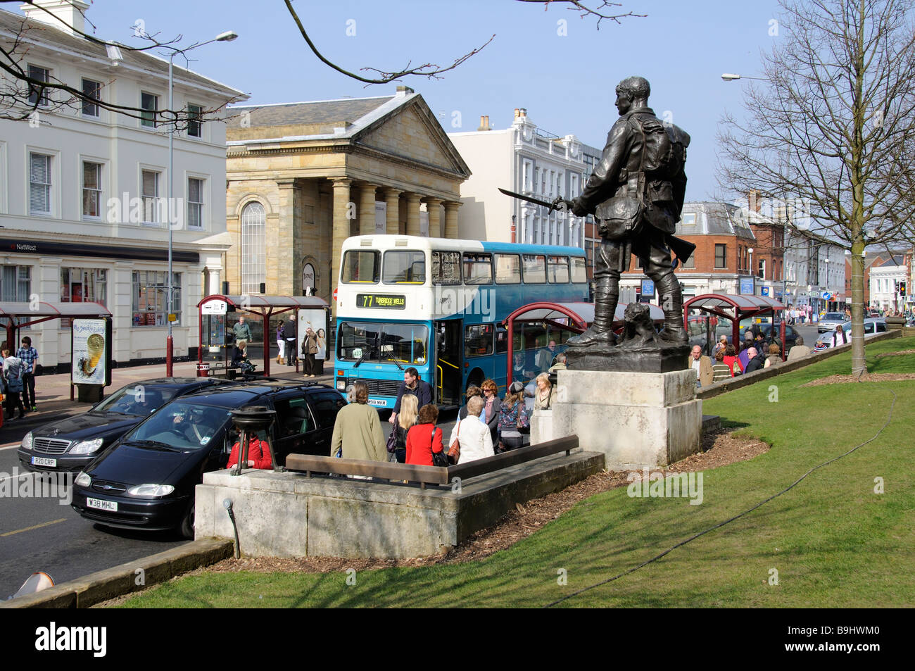 Mount Pleasant Road Royal Tunbridge Wells Kent England statue of a soldier watches over the town centre Stock Photo
