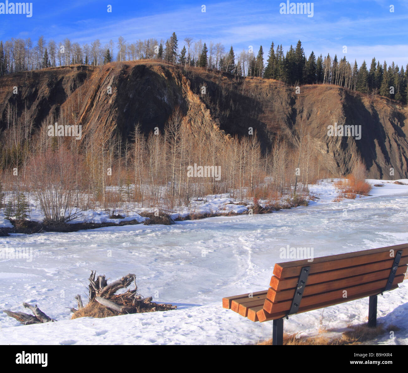 Frozen Elbow river in Bragg Creek Provincial park, Alberta Stock Photo