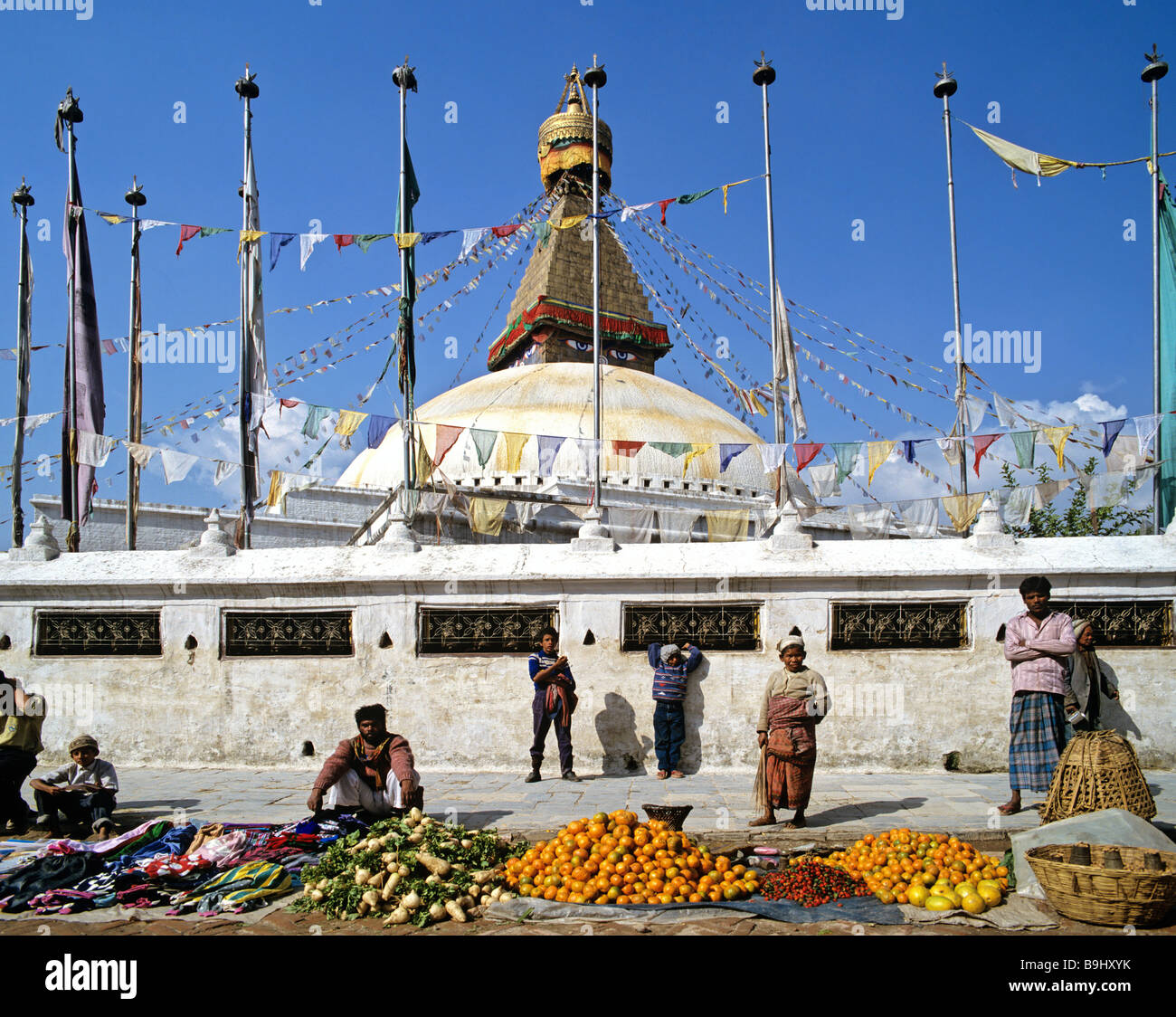 Market in front of the Boudhanath stupa, Kathmandu, Nepal, South Asia Stock Photo