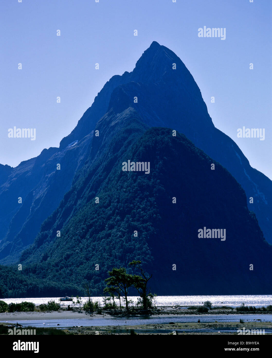 View of Mitre Peak, Milford Sound, Fiordland National Park, South Island, New Zealand Stock Photo
