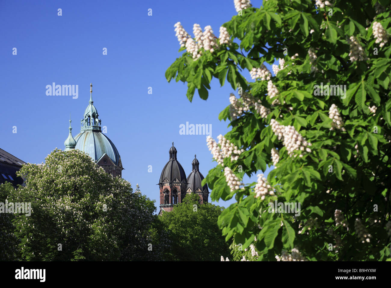 Germany Upper Bavaria Munich steeples Lukaschurch chestnuttrees