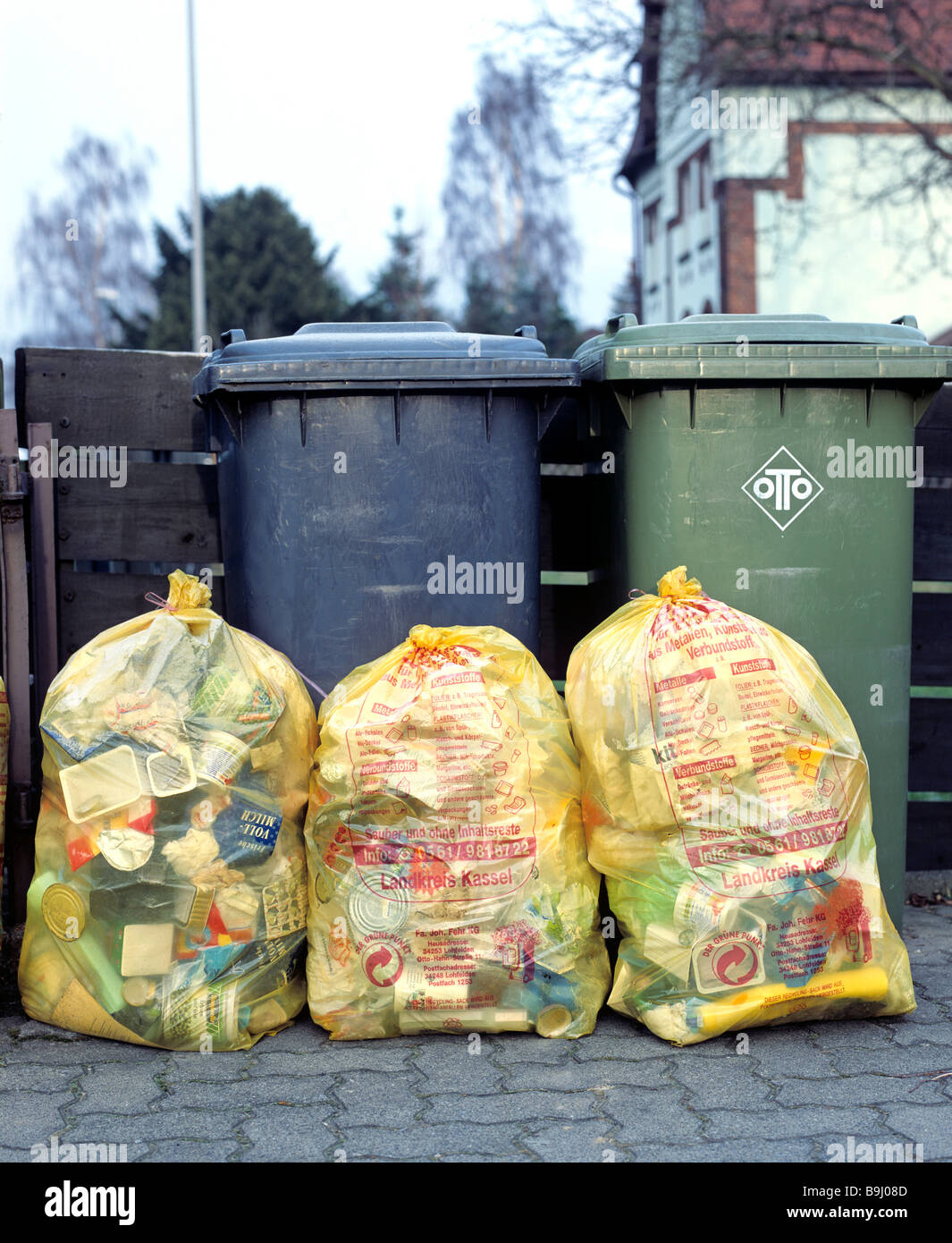 Recycling, yellow bags, bins, Germany Stock Photo
