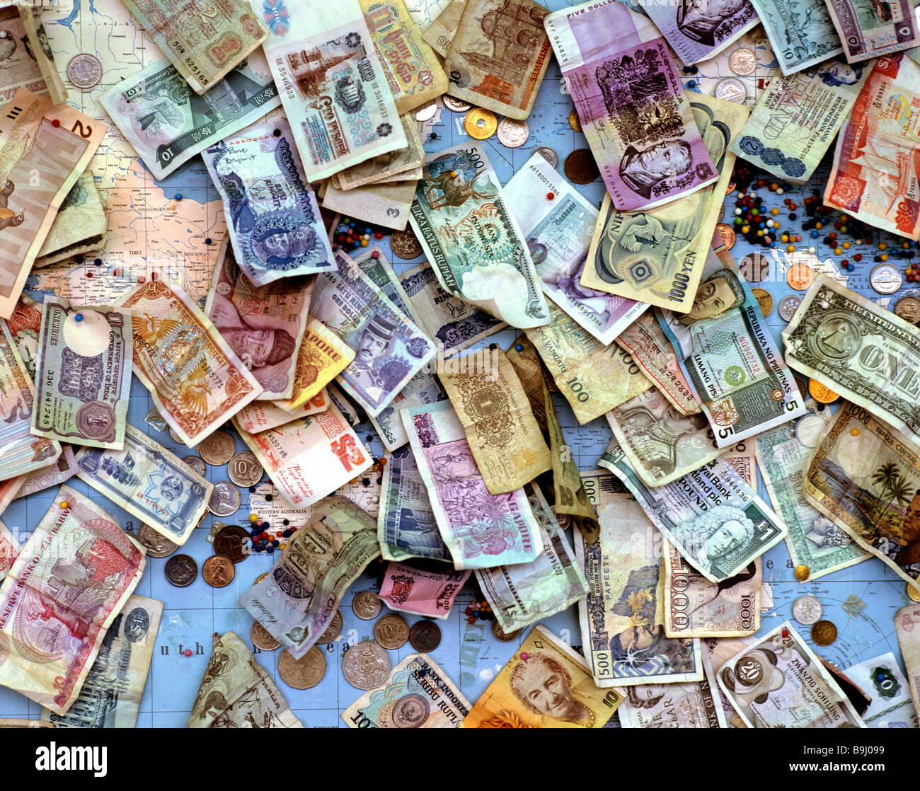 Old banknotes and coins, international currencies, global currencies
