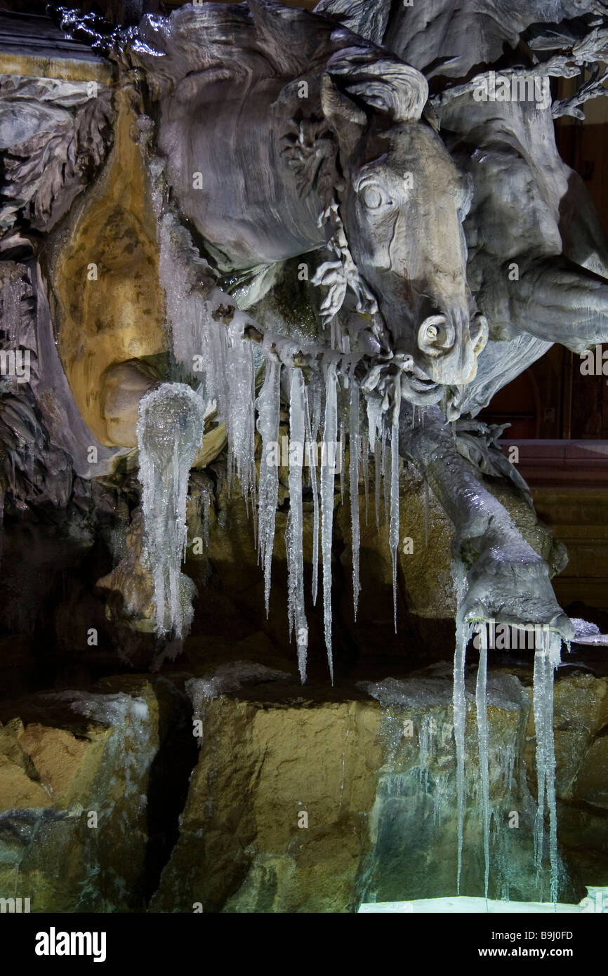 Frozen Horse in the Fontain of the Terreaux (Bartholdi), Lyon, France Stock Photo