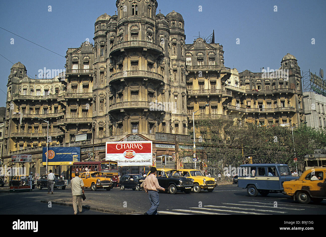 Calcutta, now Kolkata, India, Esplanade Mansions, typically elaborate, and decaying downtown residential and office building. Stock Photo