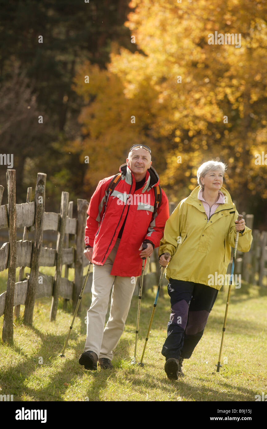 Old-aged couple Nordic walking Stock Photo