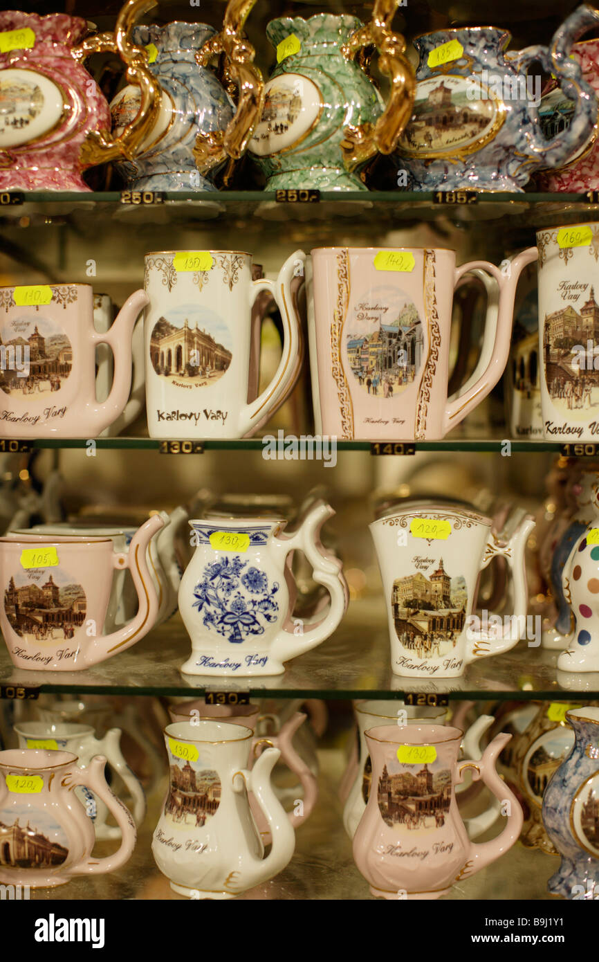 Painted drinking cups on sale, Karlovy Vary, Karlsbad, West Bohemia, Czech Republic, Europe Stock Photo