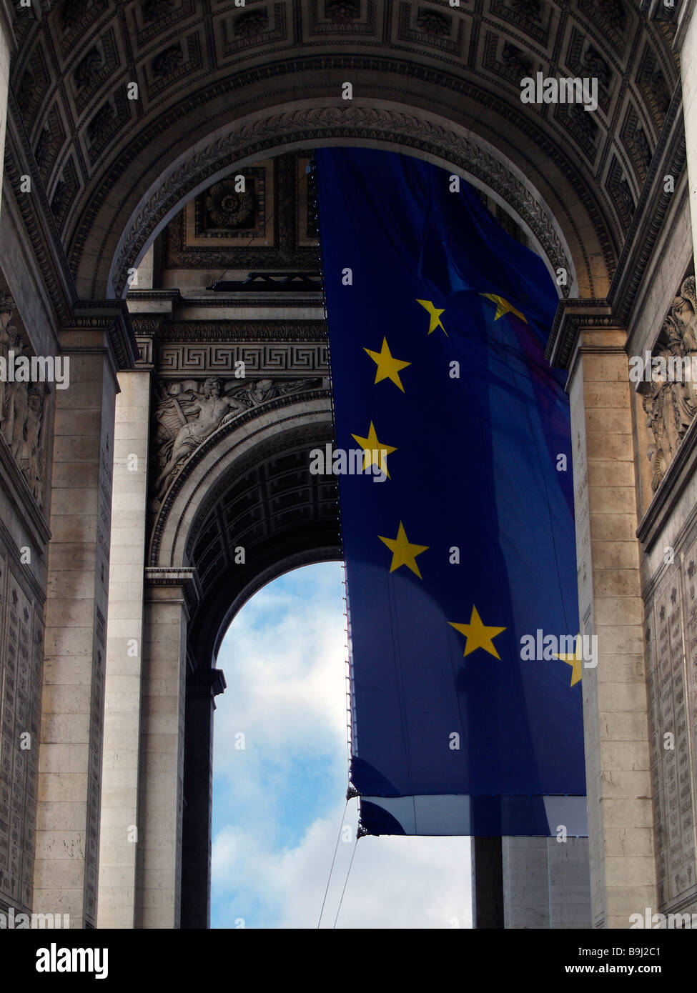 European flag under the Arc de Triomphe, Paris, France, Europe Stock Photo