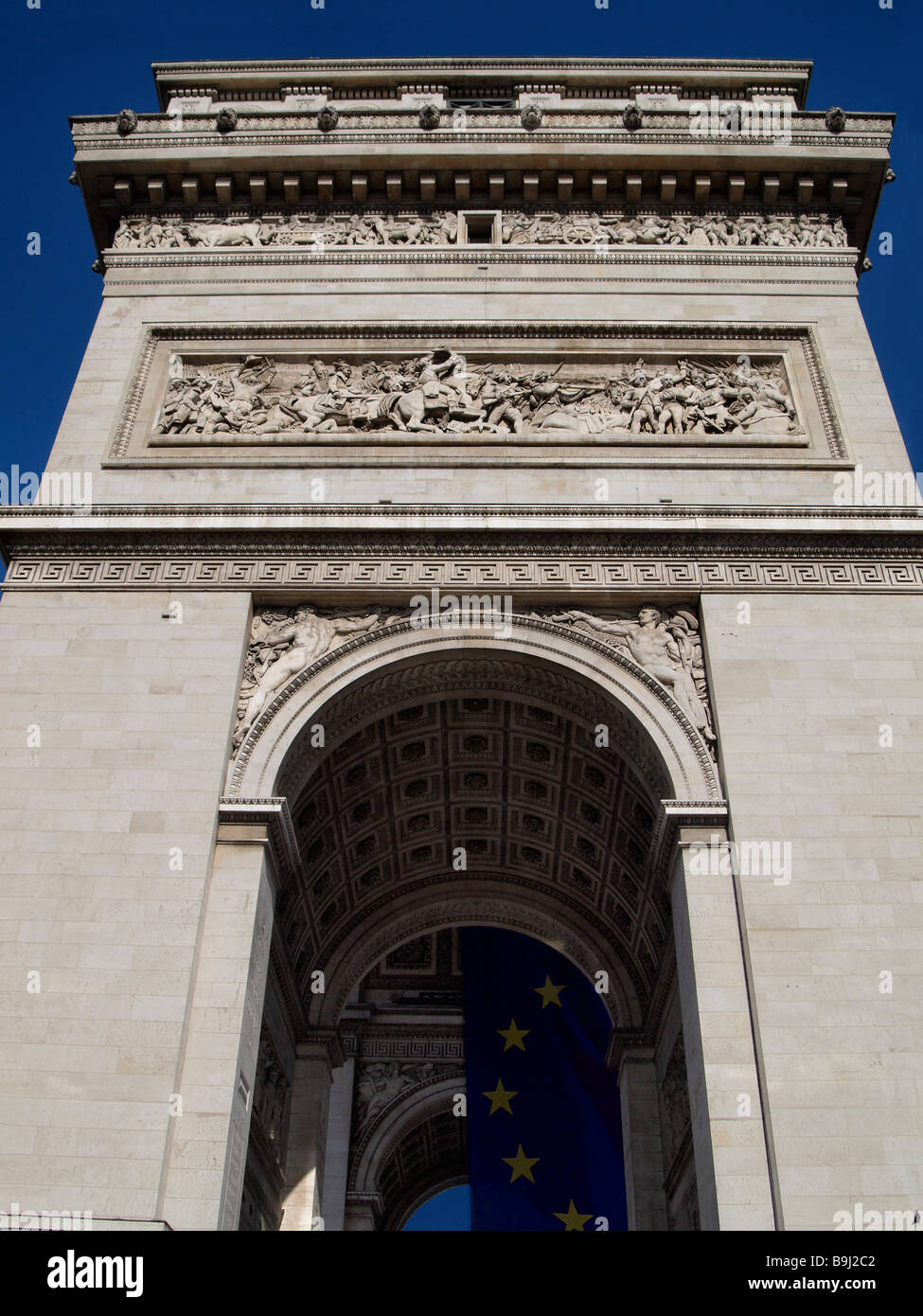 View of the Arc de Triomphe with European flag, Paris, France, Europe Stock Photo
