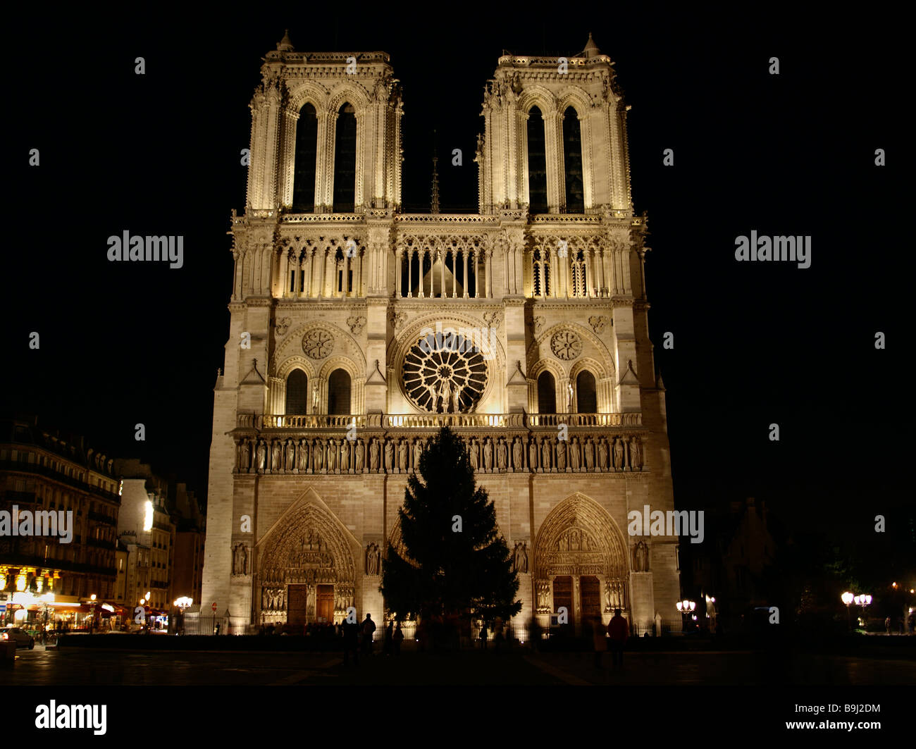 Notre Dame de Paris Cathedral at night, facade, Paris, France, Europe Stock Photo