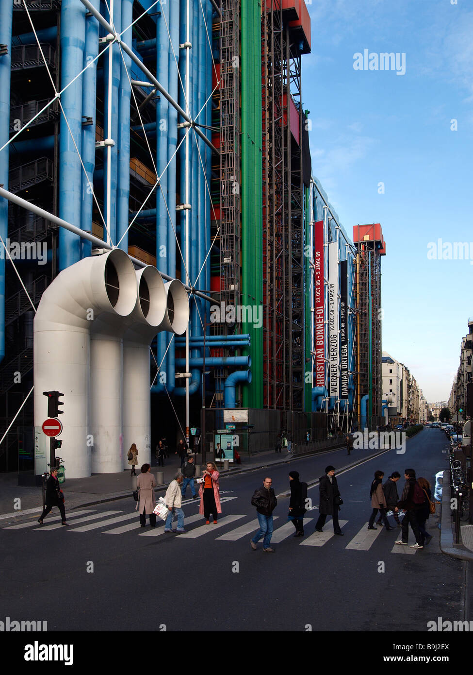 View of Rue Beaubourg and Centre Pompidou, Beaubourg, Paris, France, Europe Stock Photo