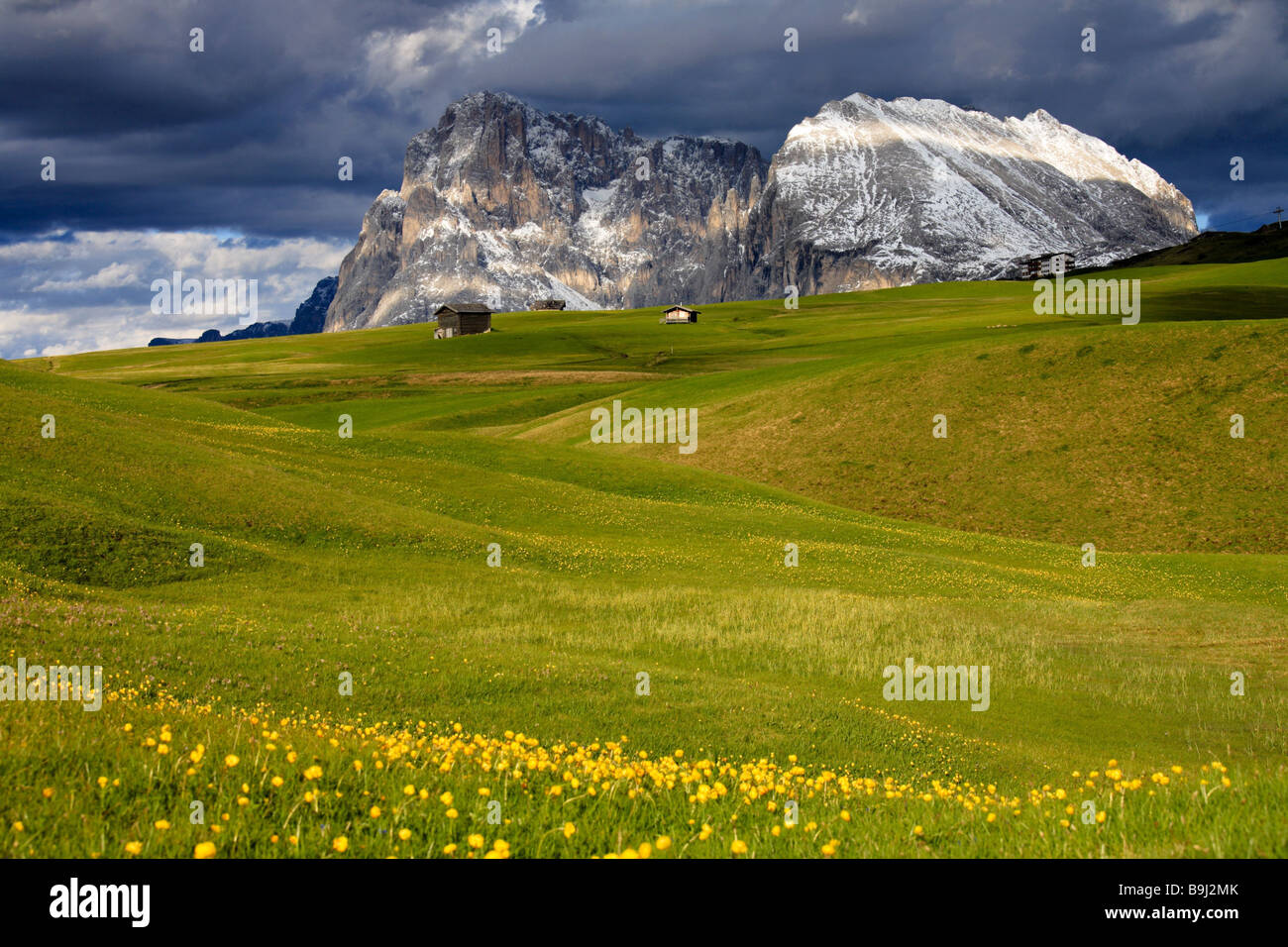 Italy South-Tyrol nature reserve schlern mountain-meadow clouded sky  alpine pasture alpine cottage alpine guesthouse mountains Stock Photo