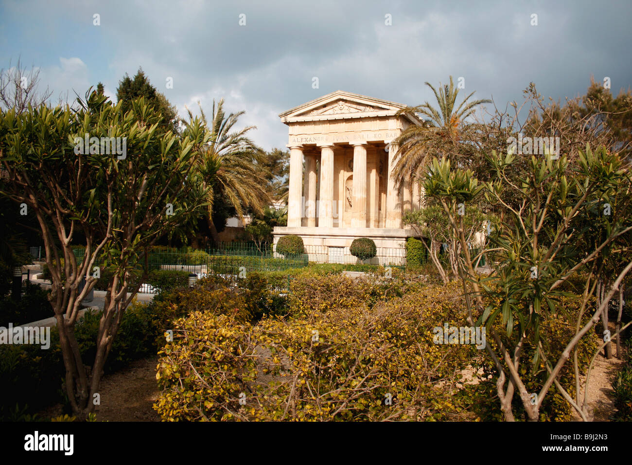 Caption of the Church plus gardens in Lower Barrakah Gardens in Valletta Malta. Stock Photo