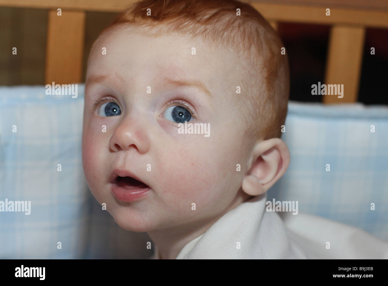 baby awake in cot Stock Photo Alamy