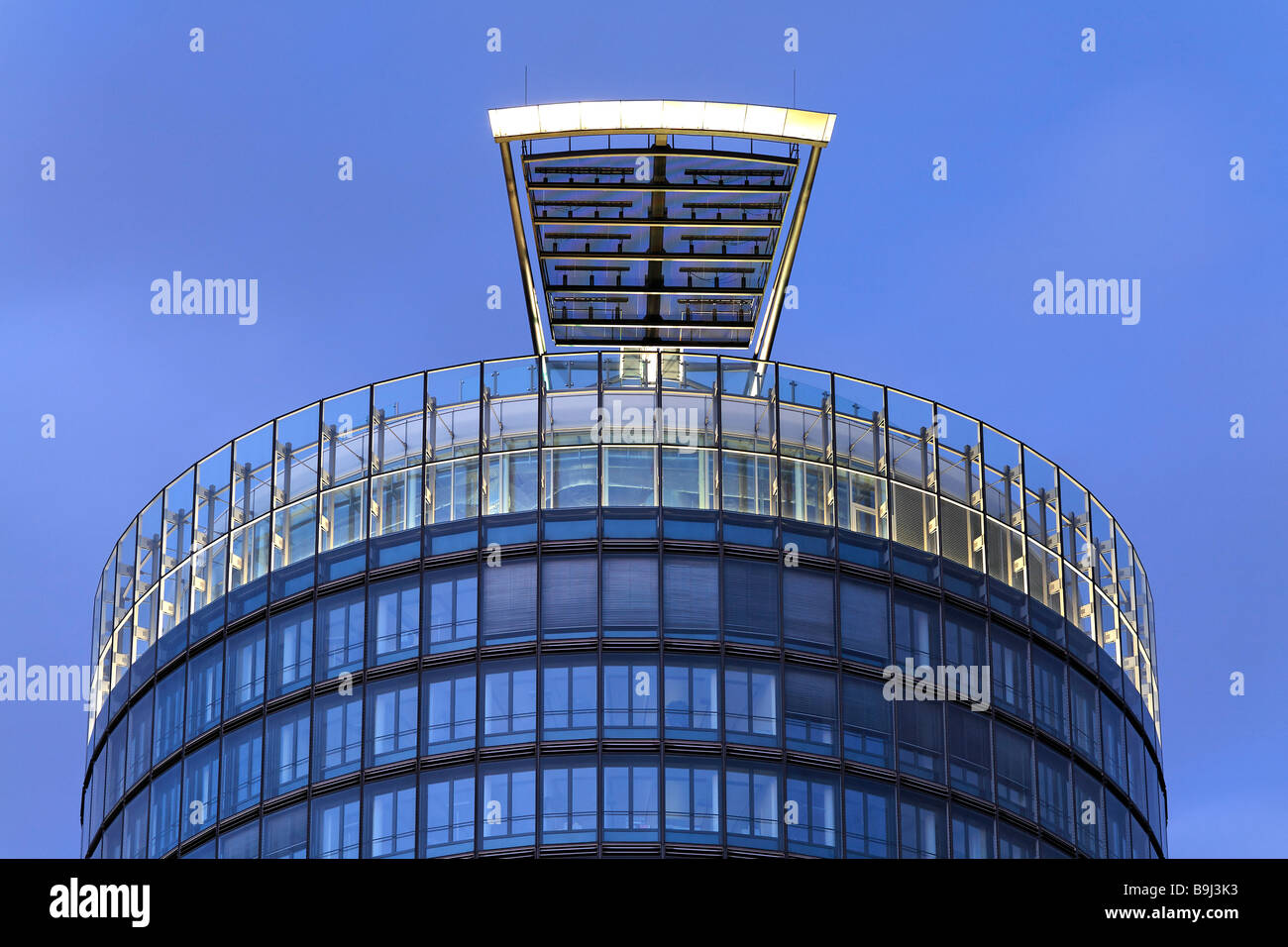 High-rise office building Victoria Tower, dusk, Duesseldorf, North Rhine-Westphalia, Germany, Europe Stock Photo