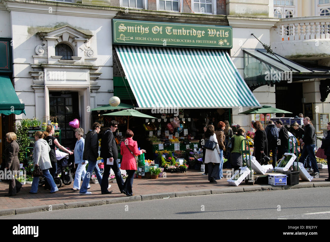 Mount Pleasant Road Royal Tunbridge Wells Kent England shoppers outside a greengrocers store