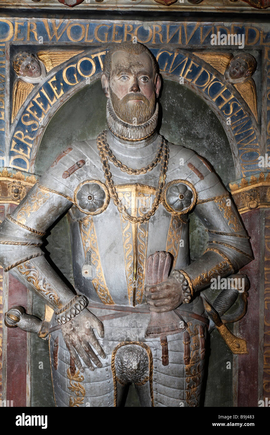 Armourclad Count, sculpture on a memorial slab, medieval town church