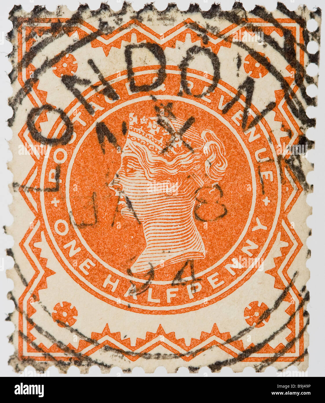 Close up of ½d, one half penny orange Victorian British Postal stamp on white background issued between 1887-1900, Jubilee Issue. Used. London 1894. Stock Photo
