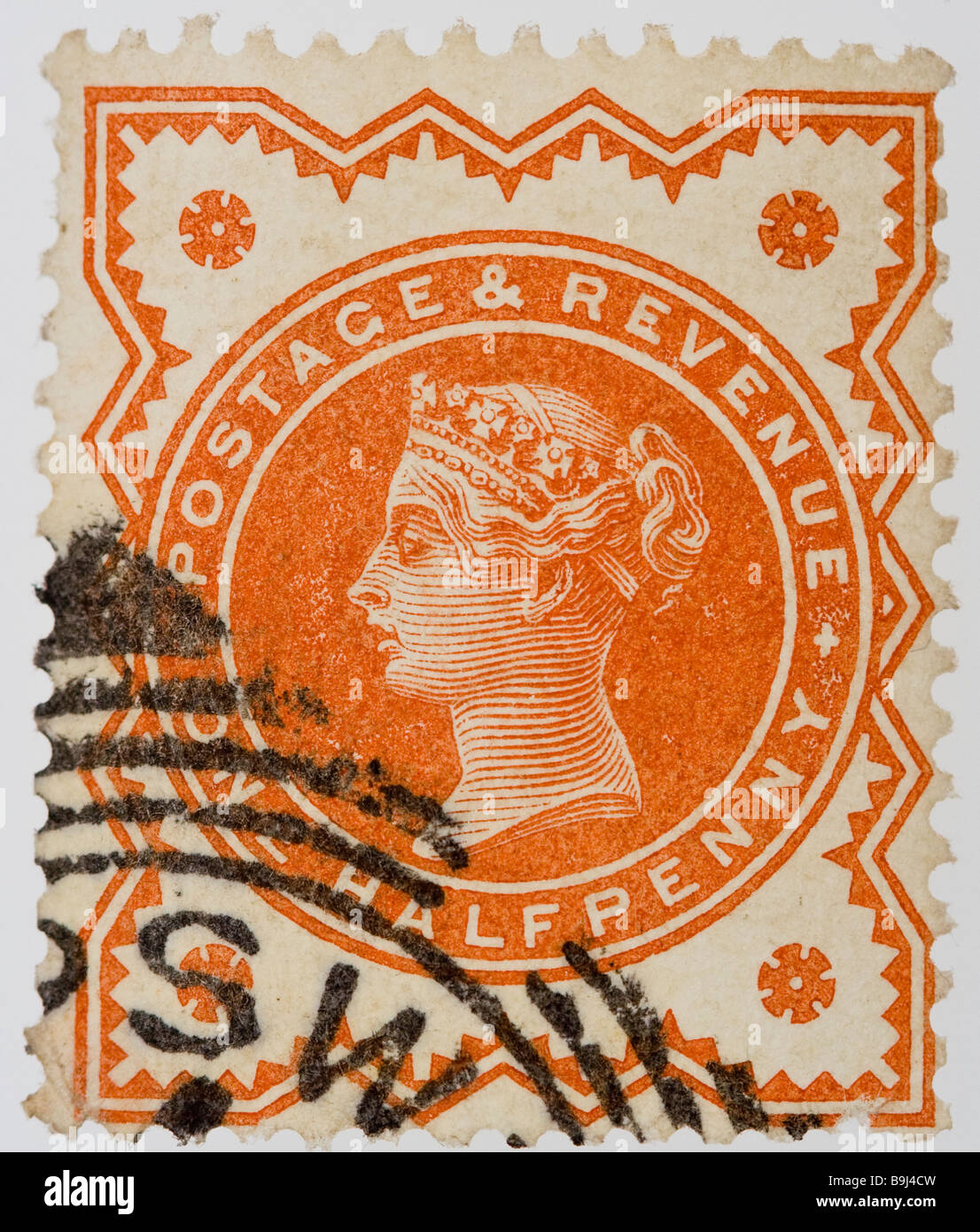 Close Up Of d One Half Penny Orange Victorian British Postal Stamp On Close Up Of d One Half Penny Orange Victorian British Postal Stamp On