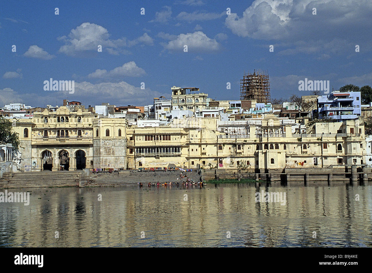 Udaipur, India. Gangaur Gat, and the main hotel quarter viewed from Lake Pichola. Stock Photo