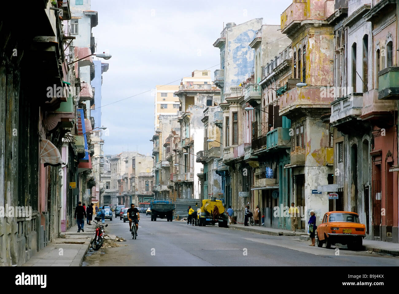 San Lazaro Street, old houses with damaged plaster, Centro Habana, Havana, Cuba, Caribbean Stock Photo