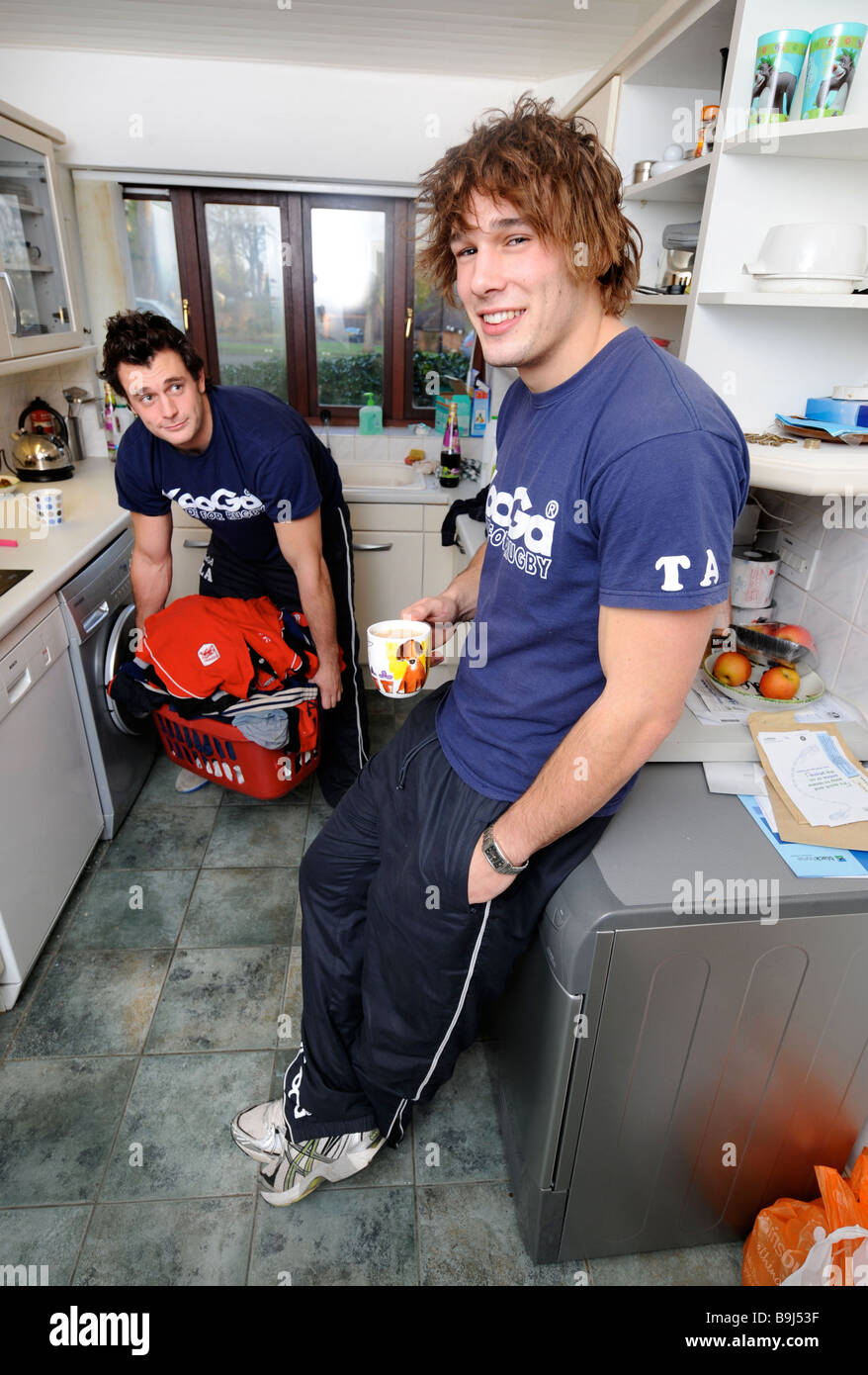 BRISTOL RUGBY PLAYERS LUKE AND TOM ARSCOT RIGHT IN THEIR SHARED FLAT UK