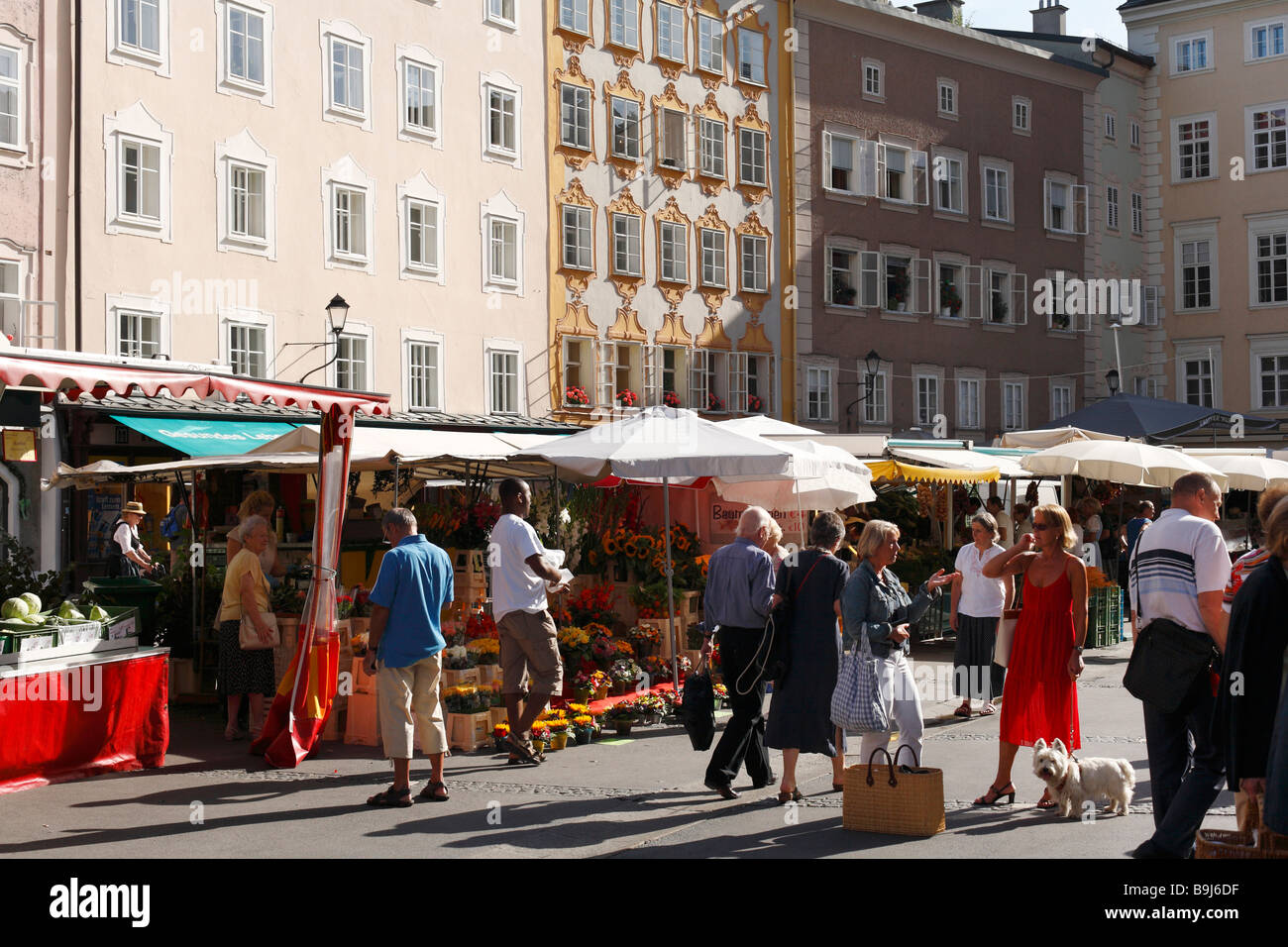 Market on University Square in front of Mozart's birth house, Salzburg, Austria, Europe Stock Photo