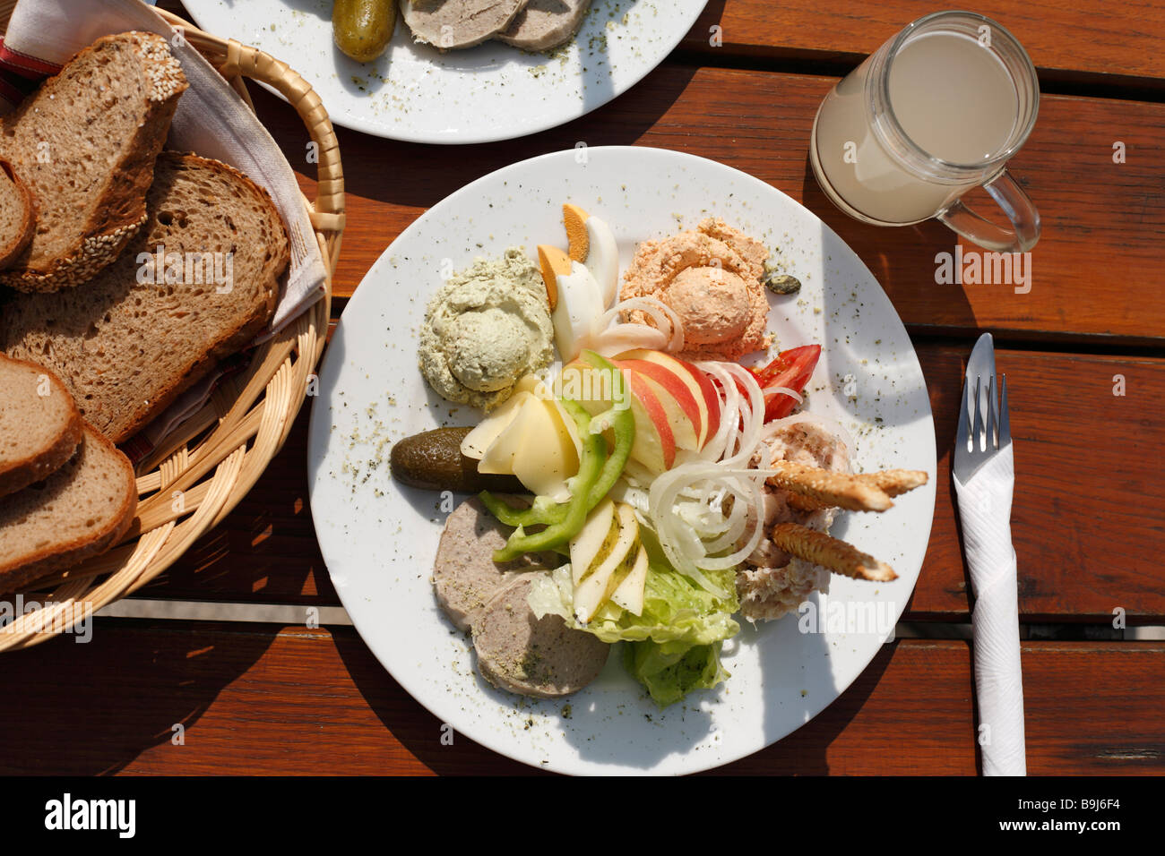 Dish with spreads in Buschenschank, bar, with 'Sturm', Federweisser, Styria, Austria, Europe Stock Photo